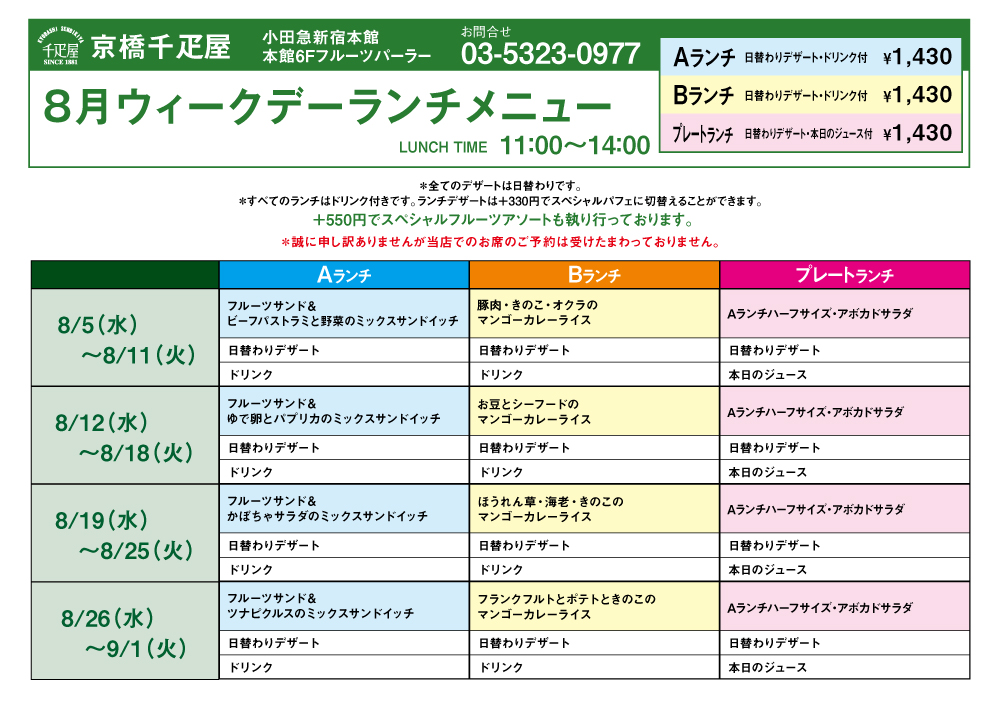 8月のランチ 創業11年 京橋千疋屋